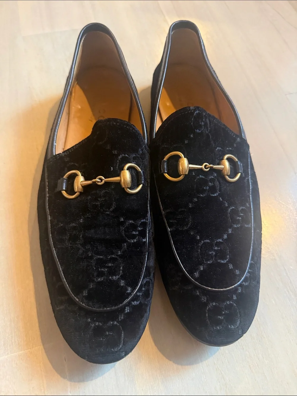 Men’s Gucci Black Velvet Horsebit Loafers with Gold Hardware Size 8 1/2